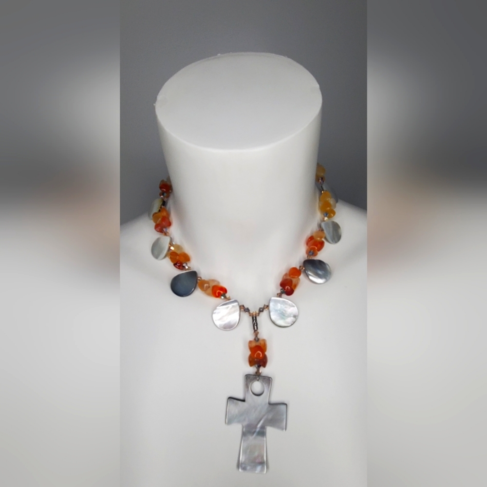 Necklace- Mother Of Pearl -Crystals, Quartz with  Cross Pendant In MOP
